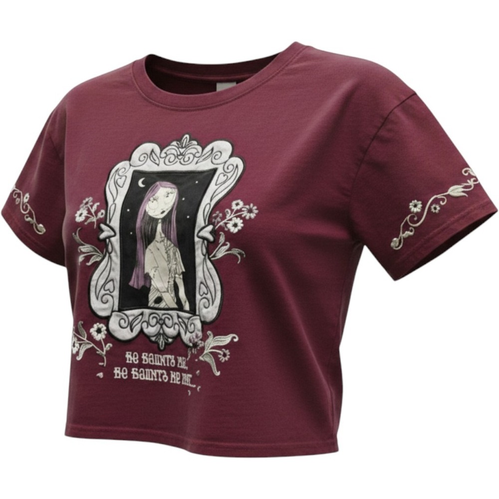 Disney Sally Nightmare Before Christmas Burgundy Embroidered Crop Top Tee XL